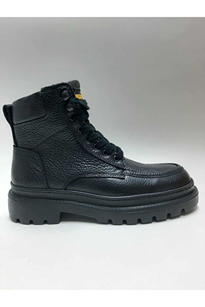 Bulldozer Genuine Leather Lace-Up Zippered Black Color Non-Slip Light Sole Winter Men's Boots