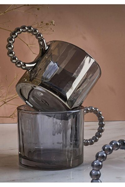 PİNK DESİGN KİTCHEN Glass 4-Piece 200ml Bead Handle Mug Smoked