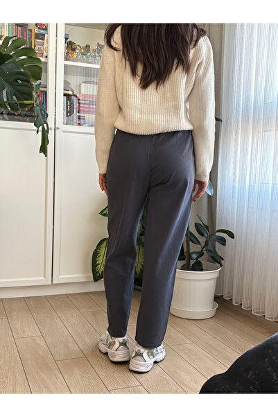 Store Antrasit Renk Beli Lastikli Cepli Straight / Düz Paça Yüksek Bel Rahat Kalıp Kumaş Pantolon