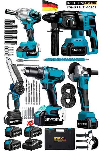 STAXX POWER Süper 5'li Mega Multi Kömürsüz Set x3 Akülü Taşlama Somun Sıkma K...