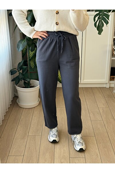 Store Antrasit Renk Beli Lastikli Cepli Straight / Düz Paça Yüksek Bel Rahat Kalıp Kumaş Pantolon