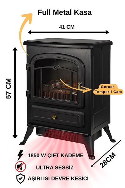 GUNBO HOME Elektrikli Şömine Siyah 1850 W Metal Kasa, Fanlı şömine, Elektrikli Soba , Gold Kulp ,Gold detaylı