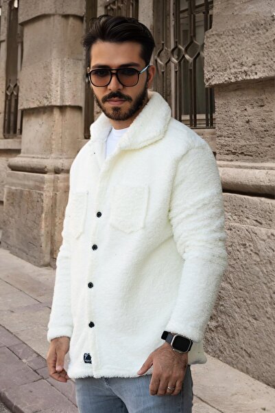 BİRBEYSTORE Plush Cardigan Unisex Model with Pockets Comfortable Fit Mock Neck White