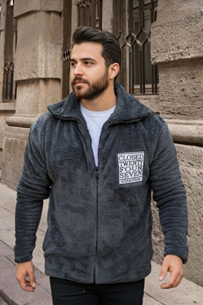 BİRBEYSTORE Plush Cardigan Unisex Model with Pockets Comfortable Fit Mock Neck Smoked