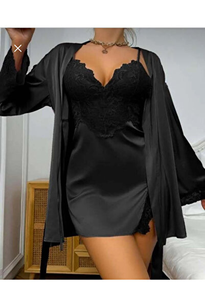 STARWİNG Gece Zarafeti Siyah Saten Gecelik Takımı