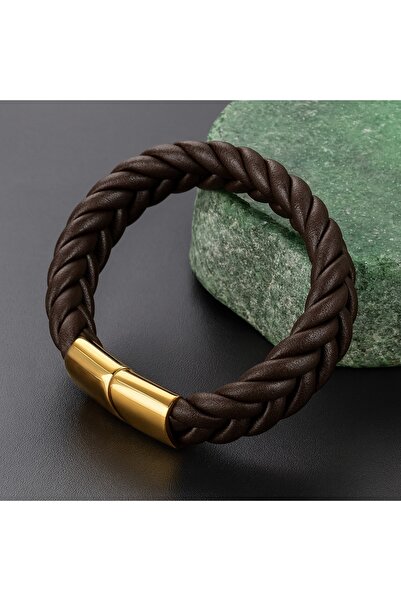 voyageaccessory Stylish Model Men's Braided Leather Bracelet with Magnetic Steel Lock, Available in Brown & Black Colors