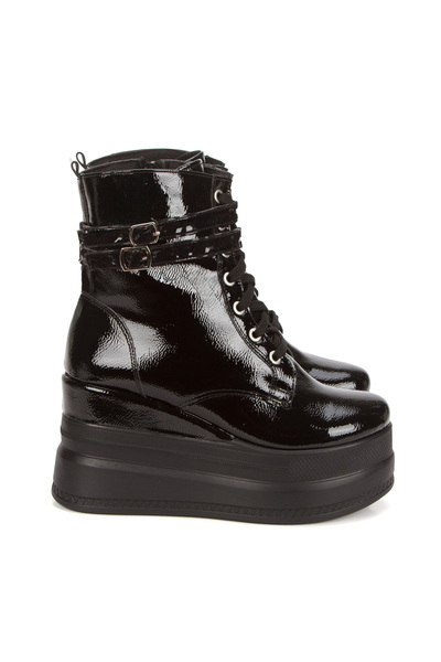 Stilo Black Patent Leather Women's Wedge Heel High Heels with Buckle Detail