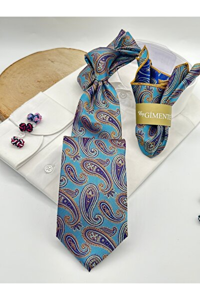 Gutiero Light Blue Shawl Patterned Classic Tie with Handkerchief