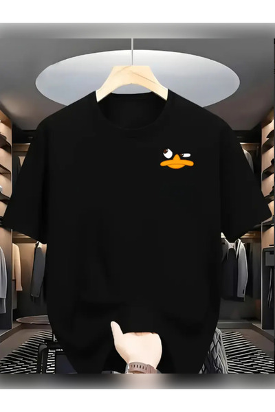 TİMİSİVA Unisex Oversize ÖRDEK1 Baskılı Pamuklu Bisiklet Yaka Kısa Kollu SİYA...