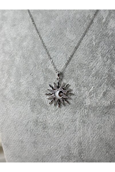 Uzak Işıklar Steel Necklace Moon Star Sun Zircon Stone Silver
