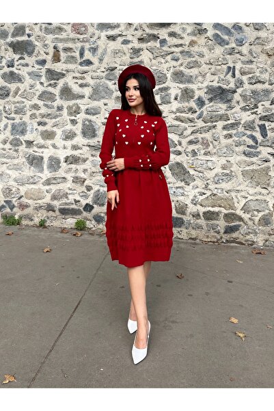ikomteks Stylish Knitwear Dress with Heart Embroidery