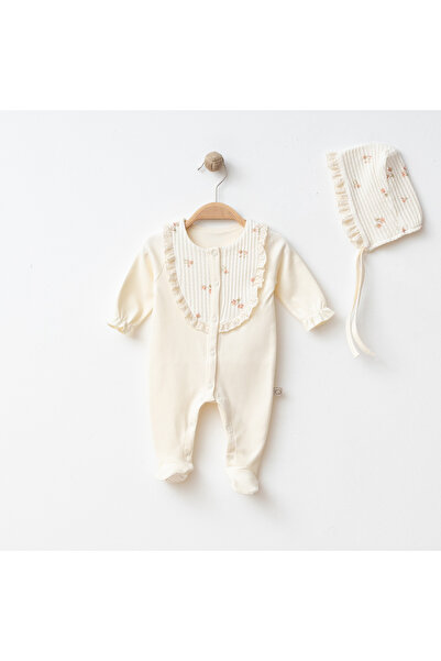 O Baby Floral Patterned Ruffled Lace Collar Baby Girl Romper & British Hat - Beige - 0-3-6 Months