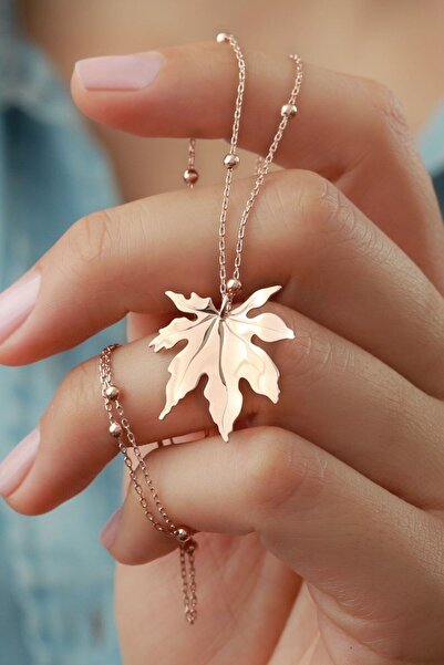 MUİ JEWELRY 925 Ayar Gümüş Dorika Zincirli Çınar Yaprağı Kolye