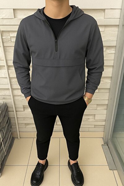 comstar Чоловічий плащ без підкладки з кишенями-кенгуру та блискавкою, колір димчасто-сірий