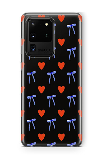 FLAMENKO Samsung Galaxy S20 Ultra Transparent Phone Case with Heart and Ribbon Pattern
