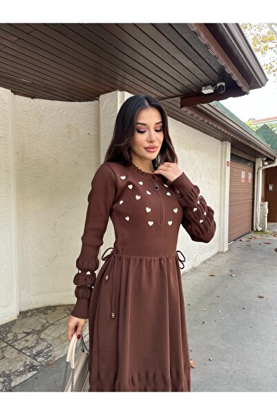 ikomteks Kalp Nakışlı Şık Triko Elbise