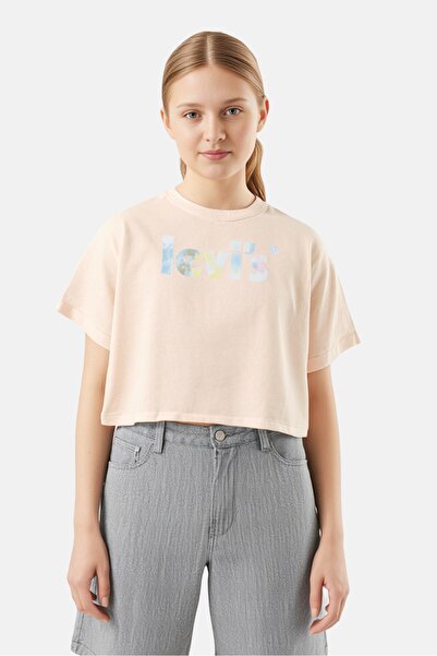 Levi's تي شيرت بأكمام قصيرة وشعار العلامة التجارية للبنات الصغار، لون خوخي