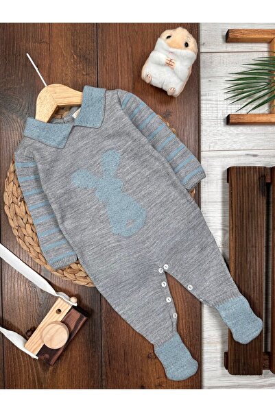 Kids Kingdom Soft Knitwear Cotton Rabbit Detailed Collared Baby Boy Jumpsuit
