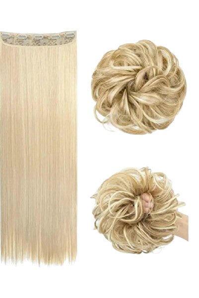 Zeysum Ikili Set - Küllü Sarı Düz Yarımay Çıtçıt Saç Ve Dağınık Topuz Lastik ...