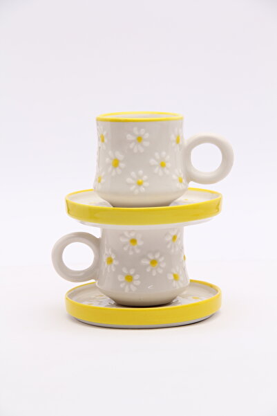 Gezdikçe Bilelim 2 Person / 4 Pieces Yellow Daisy Handmade, Ceramic Coffee Cup, Coffee Cup Set, Hand Made
