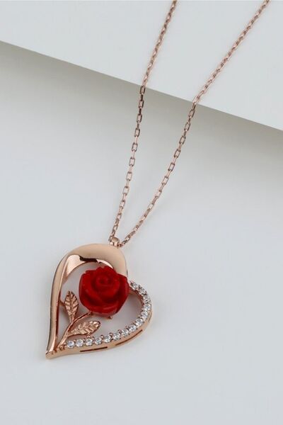 Famira 925 Ayar Gümüş Güllü Kalp Kolye