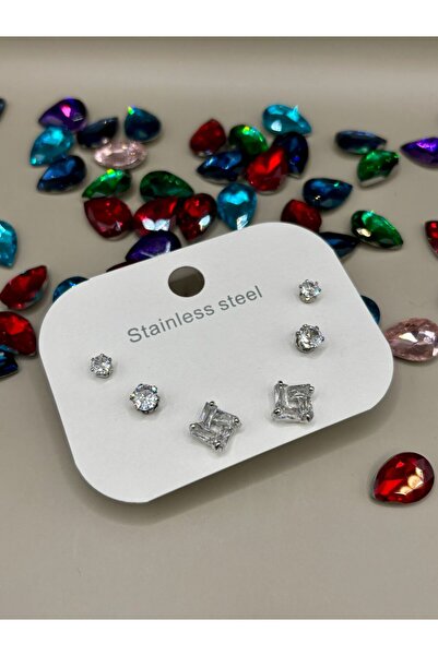 aurora dükkan أقراط مرصعة بالأحجار الكريمة باللون الفضي الفولاذي