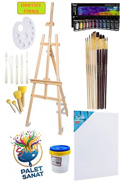 Palet Sanat Akrilik Boya Seti 12 Renk Şövalye Tuval 10lu Profesyonel Fırça Seti Spatula