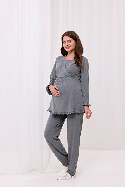 Yulem Homewear Smoked Double-Breasted Cotton Long Sleeve Maternity Pajamas Set and Nightgown 4-Piece Set