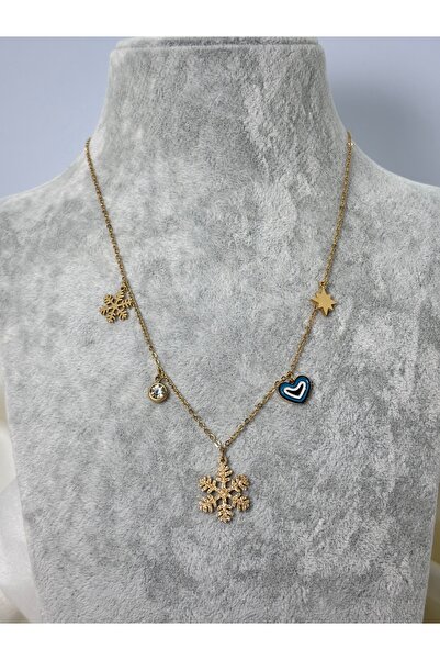 Uzak Işıklar Steel Necklace Snowflake Evil Eye Bead Heart Zircon Gold