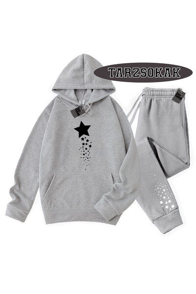 Tarzsokak Γκρι Σετ με Κουκούλα και Λεπτομέρεια Αστεριού, Διπλό Σετ
