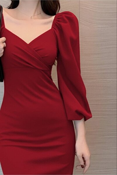 JANES Γυναικείο μακρυμάνικο φόρεμα με λαιμόκοψη μίντι εισαγόμενο κρεπ