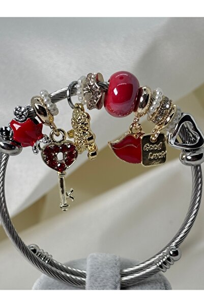 Uzak Işıklar Charm Mixed Model Steel Bracelet Silver Red