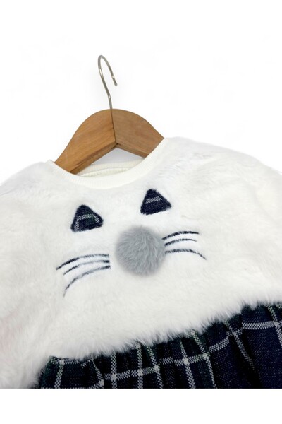 VEGAMOD Baby Girl Cat Embroidered Plaid Pattern Plush Dress 6-9-12-18 Months