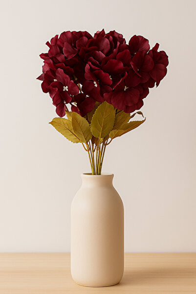 LUZAB Yapay 7 Dallı Ortanca Demeti 35 Cm Beyaz 56 Çiçekli Bordo