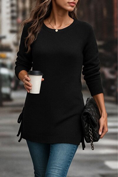 JANES Дамска блуза с дълъг ръкав, обло деколте и странично завързване