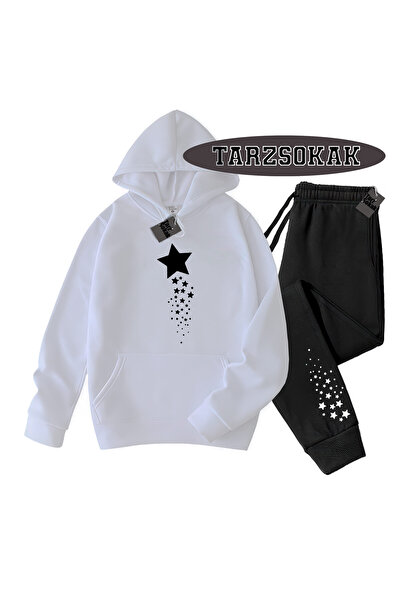 Tarzsokak Λευκό σετ με κουκούλα και λεπτομέρεια αστεριού, διπλό σετ