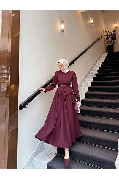 Miraydın Butik Women's Double Crepe Fabric Stylish Jacket and Skirt Set Burgundy - M41420