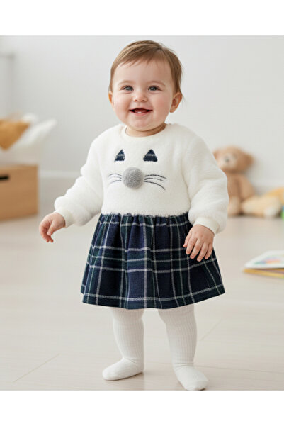 VEGAMOD Baby Girl Cat Embroidered Plaid Pattern Plush Dress 6-9-12-18 Months