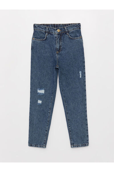 LC Waikiki Blue Ripped Detailed Girls' Mom Jean Pants