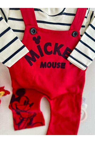 MimiCo Mickey Mouse Kırmızı Salopetli 2’li Takım – Pamuklu Rahat Kalıp