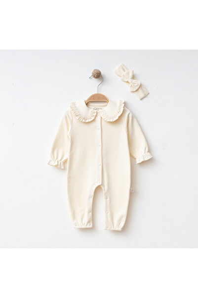 O Baby Flower Embroidered B Peter Pan collar Baby Girl Romper & Bow Bandana - Beige - 0-3-6 Months