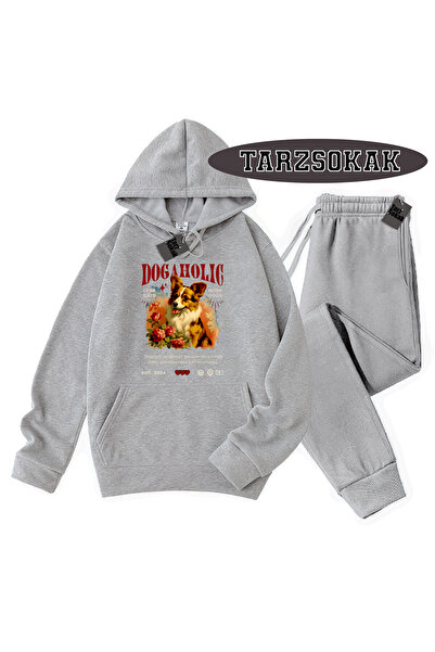 Tarzsokak Γκρι φούτερ με κουκούλα και λεπτομέρεια σκύλου, διπλό ΣΕΤ