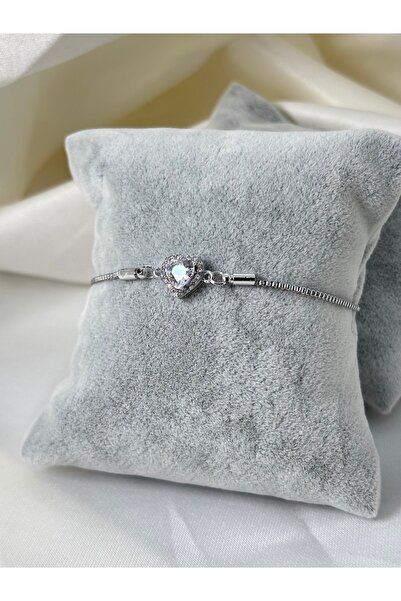 Uzak Işıklar سوار فولاذي مرصع بحجر الزركون على شكل قلب فضي اللون