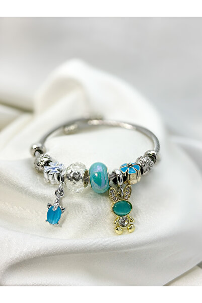 Raha Butik Blue Stone Rabbit Detailed Women's Steel Charm Bracelet