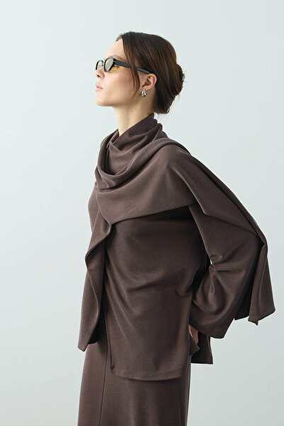 SENA GÜVEN Flex Şal Yaka Tunik Kahverengi