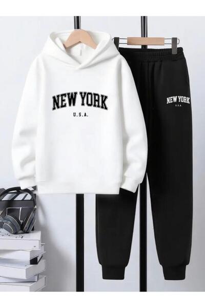 No Plan SET DE TRENING PENTRU FETE/BĂIEȚI, CU IMPRIMARE NEWYORK, cu glugă