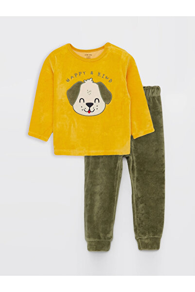 LC Waikiki Lcw Baby Yellow Crew Neck Long Sleeve Embroidered Velvet Baby Boy Pajamas Set