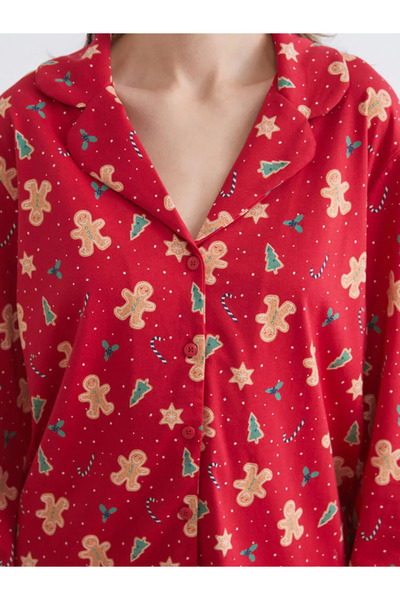 LC Waikiki LCW DREAM Ekru Gömlek Yaka Yılbaşı Temalı Kadın Pijama Takımı