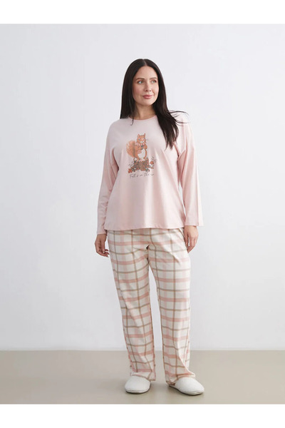 LC Waikiki LCW DREAM Pembe Büyük Beden Bisiklet Yaka Baskılı Kadın Pijama Takımı