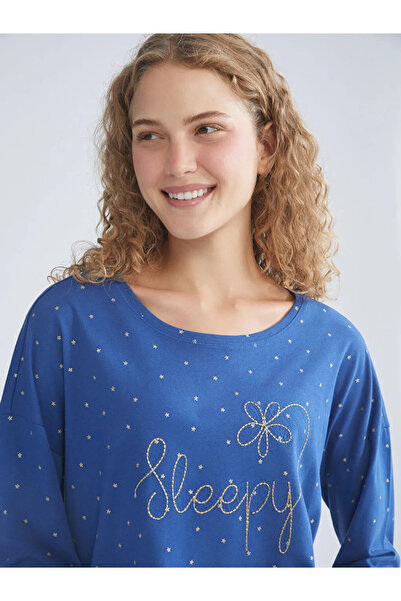 LC Waikiki Set de pijamale pentru femei LCW DREAM Blue guler rotund cu buline